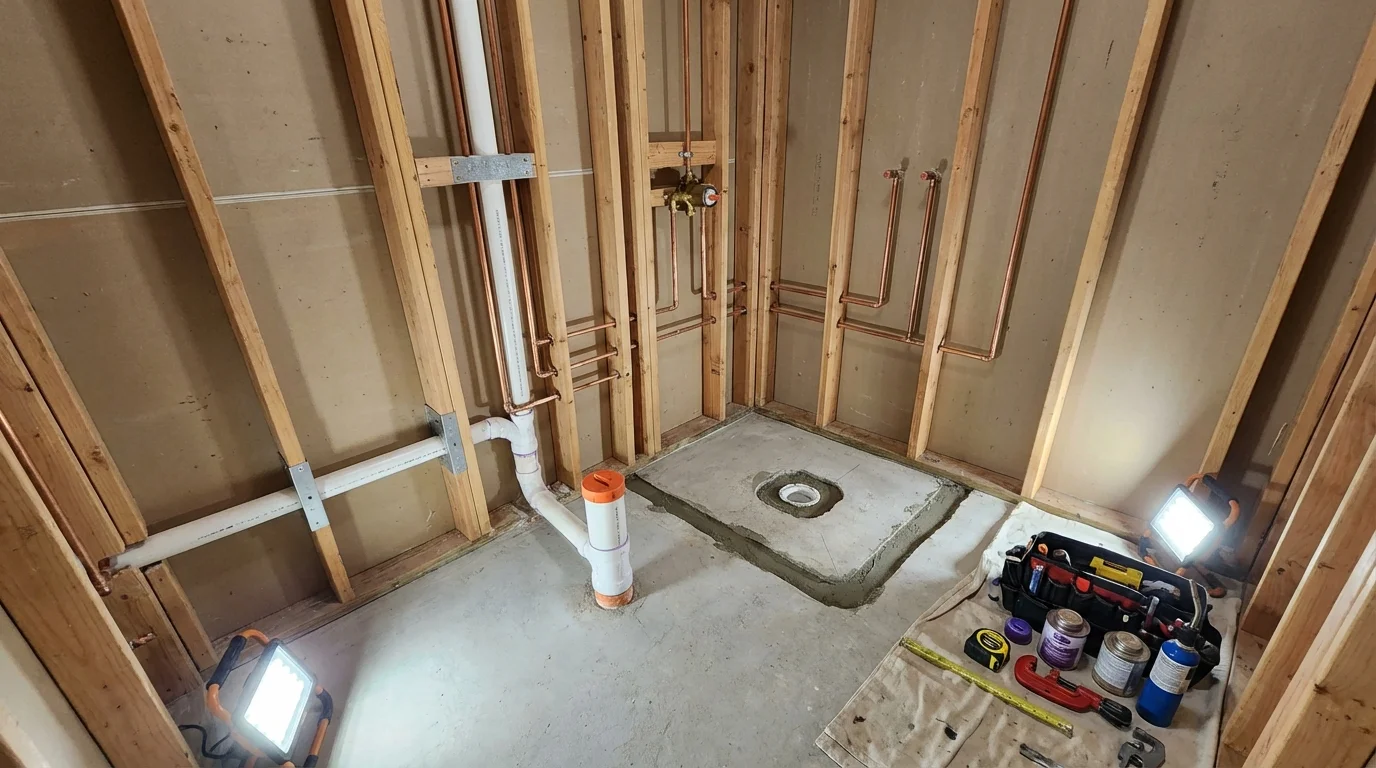 Bathroom rough-in plumbing during remodel by Johns Plumbing LLC in Biscoe