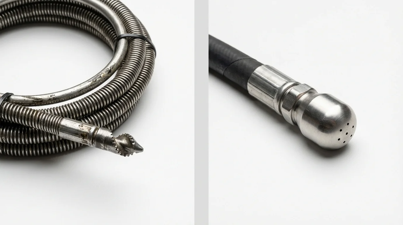 Drain snake cable and hydro jetting nozzle used for drain cleaning in Biscoe, NC