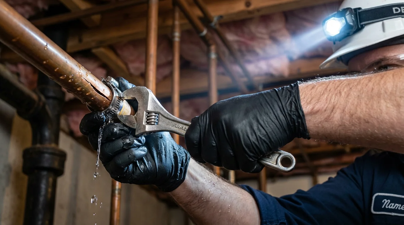 Emergency pipe clamp repair being performed by a Johns Plumbing LLC plumber in Biscoe