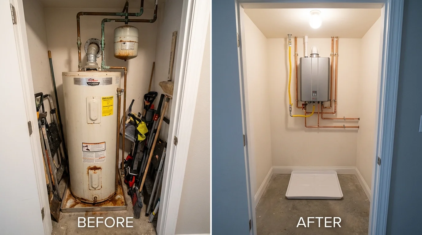 Tank water heater versus wall-mounted tankless unit comparison for Biscoe, NC homeowners