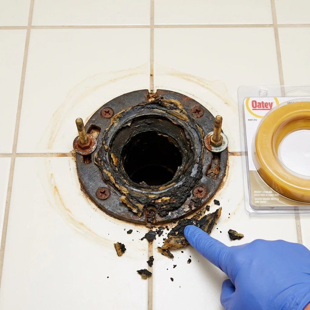 Failed wax ring showing water seepage at the base of a toilet in a Biscoe, NC home